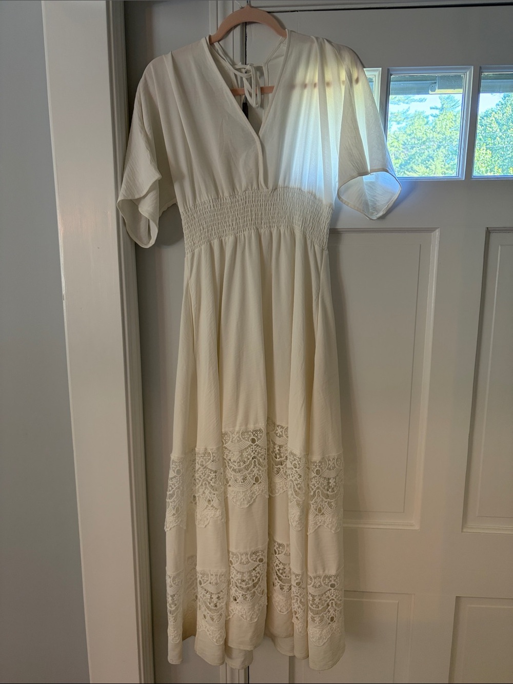 Women's Cream Lace-Trim Midi Dress
